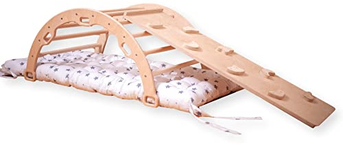 Klein Kletterbogen mit Felswand Rampe & Kissen | Montessori Klein Kletterbogen | Bogen Wippe aus Holz | | Montessori Kletterbogen mit Rampe & Kissen | Kletterbogen für Kletterspiel (Stern)