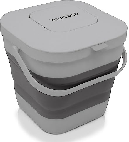 YourCasa® Faltbarer Biomülleimer 4L - kompakter Bio Mülleimer mit geruchsdichtem Aktivkohlefilter-Deckel - spülmaschinenfest & platzsparend - ideal für Küche, Camping & Wohnmobil (Grau-Grau)