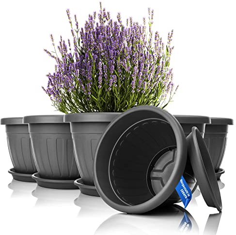 BigDean 6X Blumentopf mit Untersetzer rund ø40xH31 cm anthrazit - wetterfester Pflanzkübel - Wasserablauf UV-beständig aus bruchsicherem Kunststoff - Innen + Außen geeignet - Made in Europe