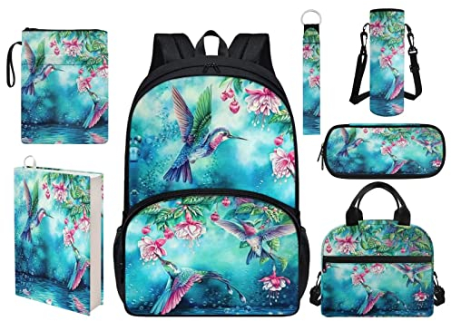 Showudesigns Lot de 7 sacs à dos pour filles avec trousse à crayons - Sac à déjeuner isotherme pour enfants - Porte-bouteille d'eau, housse de livre, porte-clés, dragonne, Fleur Colibri, Taille unique