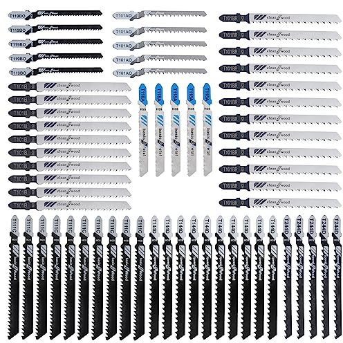 HOOCOM 60Pcs Assorted Saw Blades set with T-shank HCS Sharp Fast Cut Down Jigsaw Blade for Wood Metal Plastic Cutting Jig Saw Blade Set