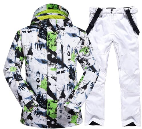 ALSOGO Herren Ski Jacke und Hosen Set Ski Anzug Winter Wasserdicht Winddicht Kapuze Schneemantel 2-Stücke Snowboard Sets 336-gr-White S