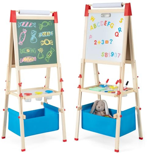 COSTWAY 3 en 1 Tableau Enfant Double Face en Bois avec Rouleau de Papier & 60 Accessoires, Chevalet Magnétique avec Hauteur Réglable, Plateau & Sac de Rangement pour Enfants de 3-8 Ans