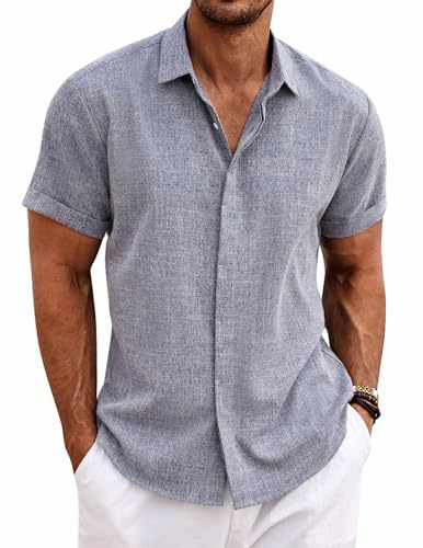 COOFANDY Camisa de Lino para Hombre Manga Corta Camisas Informales Camisa de Lino para Verano y Playa Azul grisáceo Oscuro L