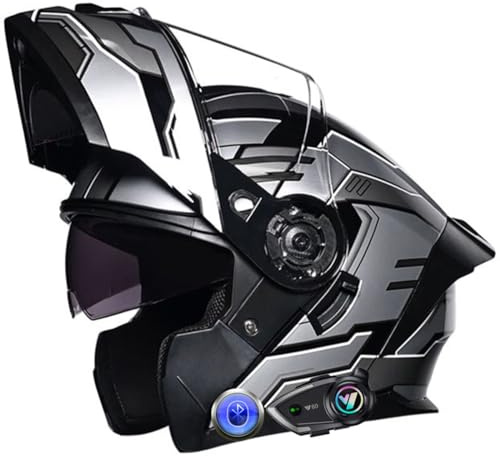 Bluetooth Motorradhelme, Klapphelm Motorrad Vollvisierhelm mit Doppelvisier, Männer Frauen Geräuschunterdrückung Integrierter Helm mit Auto-Antwort, ECE Genehmigt