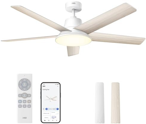 Dreo ventilateur de plafond intelligent 132cm,lumière LED dimmable, 12 vitesses, 3 modes, minuterie 12h, moteur DC silencieux, contrôle par télécommande/APP/Alexa, blanc pour intérieur