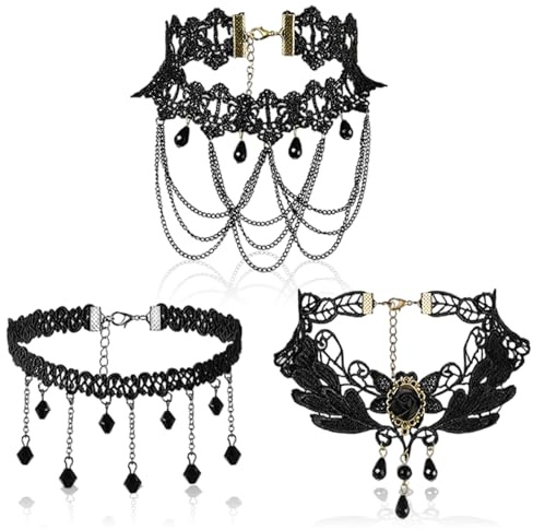 XNIVUIS 3 Stück Choker Halskette Set Spitzen Choker Halsketten Set für Damen, Choker Halsband Gothic Halskette Set, Kette Damen Vintage Halsband Lolita Kostüm Zubehör für Damen und Mädchen (Schwarz)