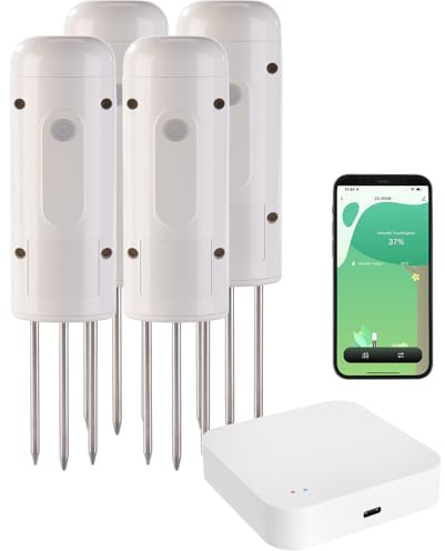 Luminea Home Control Temperatursensor TUYA: 4x Smarter ZigBeeBodenFeuchtigkeits&Temperatursensor & Zigbee Gateway (Bodentemperatur-Feuchtesensoren, Pflanzenmonitore)