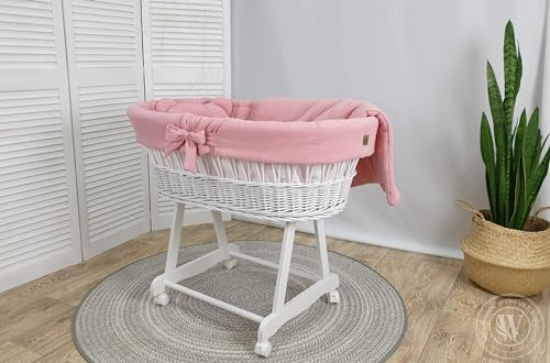 Generic Moseskorb weiß mit Gestell, Matratze und Bettwäsche, Stubenwagen (Rosa)