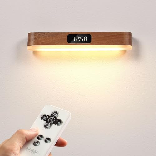 LED Wandleuchte Holz Innen, Wandlampe Dimmbar USB Aufladbare mit Fernbedienung Touch Control, Akku Kabellos Nachttischlampe ohne Stromanschluss mit Uhren und Timing Magnetische Nachtlicht Leselampe,A