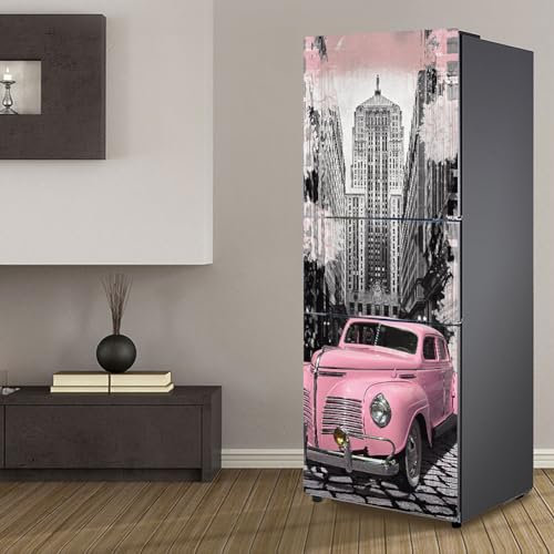 Pegatinas para refrigerador, adhesivo para nevera, cubierta completa para puerta, fundas para frigorífico, pegatinas de pared para cocina, coche retro rosa, calle gris