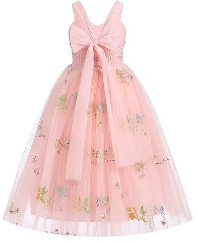FYMNSI Flower Girl Dresses Fairy Tulle Princess Maxi Long Dress Birthday Party Junior Bridesmaid Kids Sleeveless Back Bowknot Floral Embroidery Formal Evening Pageant Ball Prom Gown Pink 7-8 Years