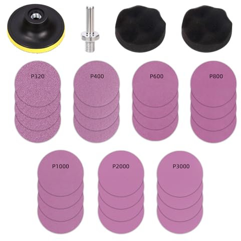 Swpeet 31Pcs 3 Inch 7 Sizes 320-3000 Grit Car Headlight Restoration Assortment Kit, 28Pcs 3 Purple Polishing Sanding Discs, 1 Disc Pad Holder with Shank, 2 Buffing Sponge Pad for Polishing