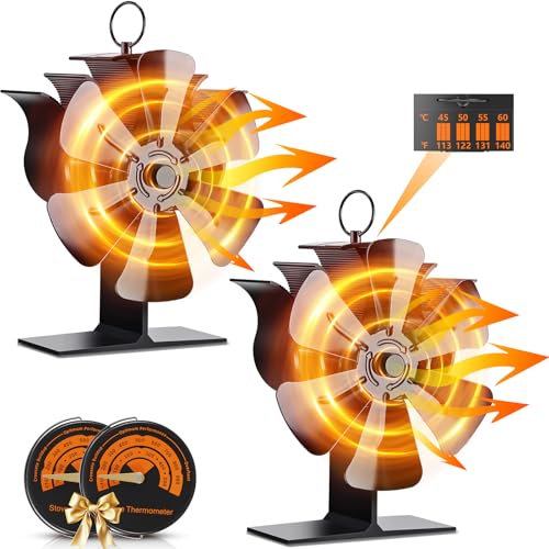 UNISOPH Ventilatore Per Stufa a Legna, 2 Pezzi Ventola Stufa Legna con 6 Pale, Senza Elettricità Alimentato Silenzioso Calore Ventola, Ventilatore Camino Stufa per Legna e Camino Pellet con Termometro