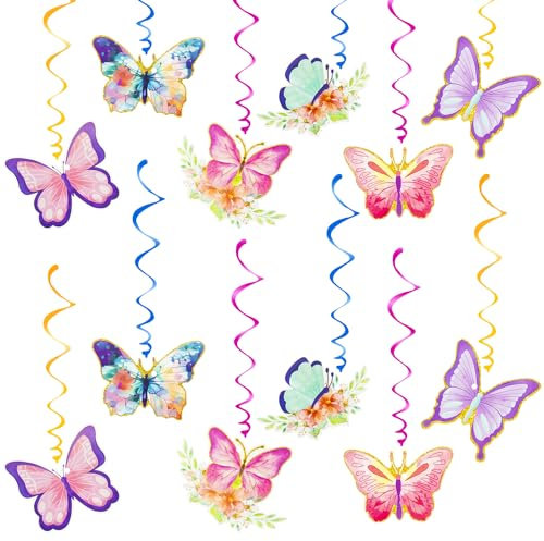 12PCS Butterfly Decorations Hanging Swirls, Spring Summer Garden Party Decorations Colorful Butterfly Hanging Ornaments Swirl Streamers Easter Women Girls Birthday Party Decorations A6-HDLXGS