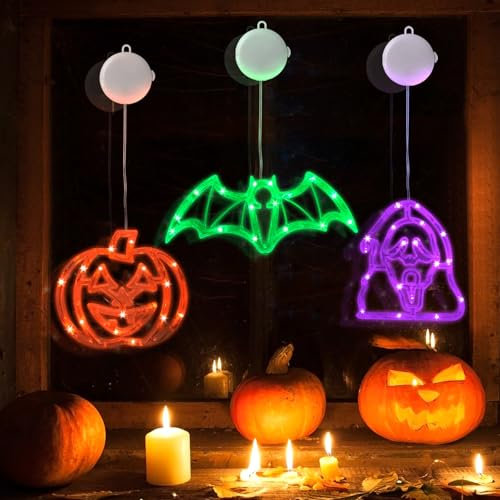 Jsdoin 3 Pack Halloween Decorations, Halloween Window Lights with Suction Cup, Timing Function, Pumkin Bat Ghost Outdoor Indoor Lights, Battery Powered