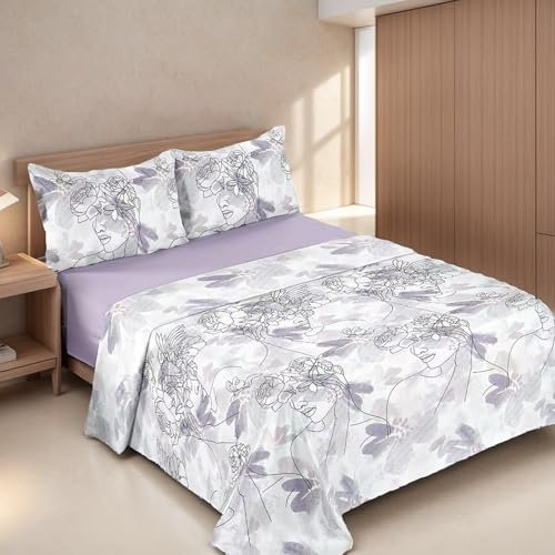 Etrexonline Juego de Sábanas 4 Piezas para Cama de 150 cm - Microfibra Suave y Transpirable, Incluye 1 Bajera Ajustable, 1 Encimera y 2 Funda de Almohada - Color Flor Lila