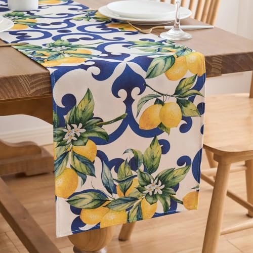 Tischläufer Zitrone Blau Polyester Zitronen 40x140 Hochzeit Abwaschbar Gelb Dekoration für Küche Esstisch Waschbar Wohnkultur