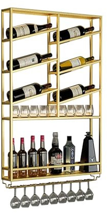 Weinregal Wand Metall Flaschenregal Schmal Wine Rack Bar Regal Wand Weinschrank Hausbar Barschrank mit Weinglashalter Weinständer Getränke Regal Mini Bar für Küche Bar Esszimmer(Gold,68*100*11cm)