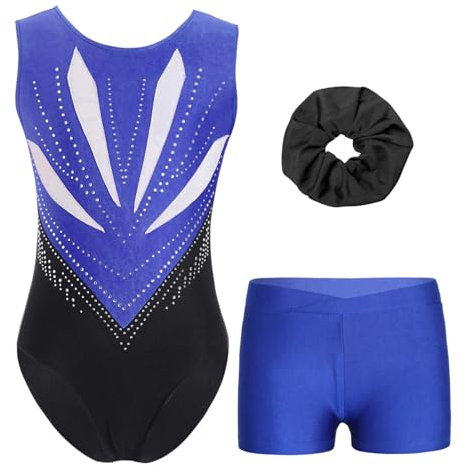 Alvivi Mädchen Turnanzug Glitzer Gymnastikanzug Ärmellos Gymnastik Leotard mit Shorts Haarband Turnbody Wettbewerb Tanzkostüm Blau 134-140