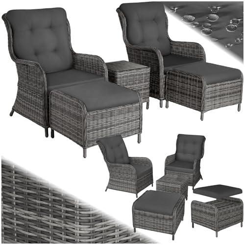 tectake® 2 Premium Rattan Sessel mit Hocker und Tisch, Alu Relaxsessel für Garten, Terrasse und Balkon, Lounge Gartenmöbel Set wetterfest, Gartenstühle, Lesesessel und Sonnenliege - grau-meliert/grau