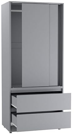 URBNLIVING 2-Door 2-Drawer Sliding Wardrobe, Modern Bedroom Storage Cupboard with Hanging Rail, Smooth Silent Sliding Doors, Adjustable Feet, Safety Wall Fixing and Mix or Match Carcass & Door Colours