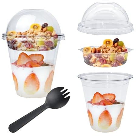 Slomg 50 Pack 12 oz Plastic Parfait Cups with Dome Lids Inserts and Sporks, Disposable Clear To Go Cereal Yogurt Dessert Cup, Reusable Leakproof Containers for Breakfast Snack Fruit Oatmeal Veggie Dip