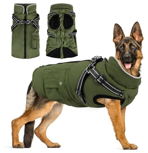 Woiil Hundemantel Hundejacke Wintermantel für Grosse Hunde, Hundemantel Winter mit Geschirr, Hunde Wintermantel Ärmellose Gepolsterte Weste Wasserdicht Warme Reflektierend, Armeegrün XL
