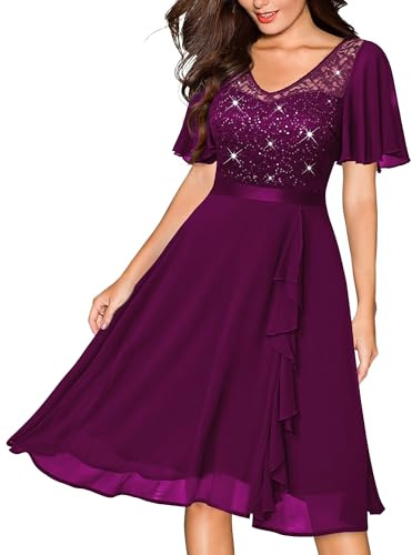 MIUSOL Women's Elegant Lace Sequins Insert Chiffon Ruffle Cocktail Party Prom Semi Formal Wedding Guest Swing Dress (Large, Maroon)