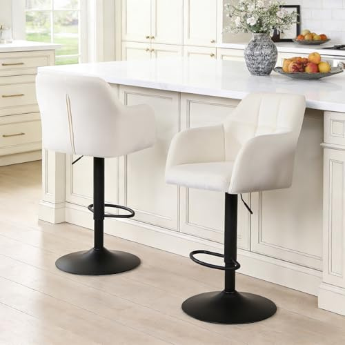 Relbiety Tabouret Bar Lot de 2 Fauteuil de Bar Velours Réglable,Crème