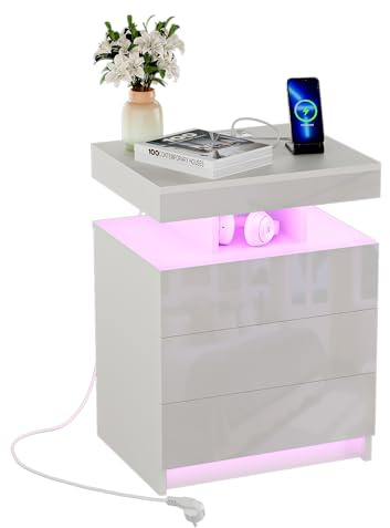 ChromaCasa Comodino con Presa Elettrica e LED RGB, Comodino da Letto Bianco a 3 Cassetti Laccati e Antrato Aperto, con Telecomando, per Camera da Letto e Soggiorno, Larghezza 50 cm