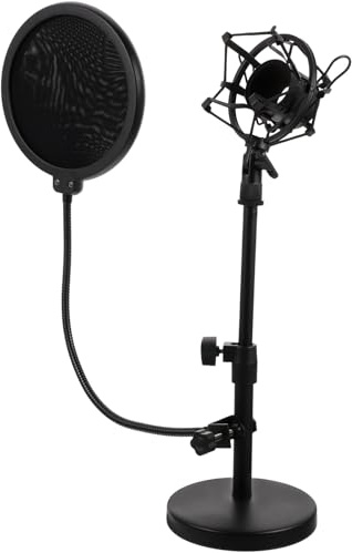 DEARMAMY Mic Metal Desktop Stand and Microphone Shock Mount Adjustable Noise Pop Filter, Holder for Microphone, Reduces Vibration Radio Broadcasting and Voice over Services