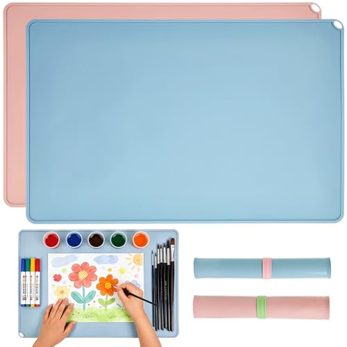 2 Stück Malunterlage für Kinder 60x40cm Bastelunterlage Silikonmatte Groß Bastelunterlage Kinder Antihaft mit Erhöhten Kanten, Knetunterlage Kinder Tischset Silikon für Malerei, Handarbeit, Sandkunst