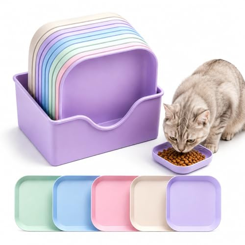 Zoenif Katzennapf, 10 Stück Whisker Friendly Flach Fressnapf Katze - Lila | Katze Napf für Nass- & Trockenfutter, Breite Katzenschale aus Weizenstroh, BPA Frei, Futternapf für Katzen & Kitten