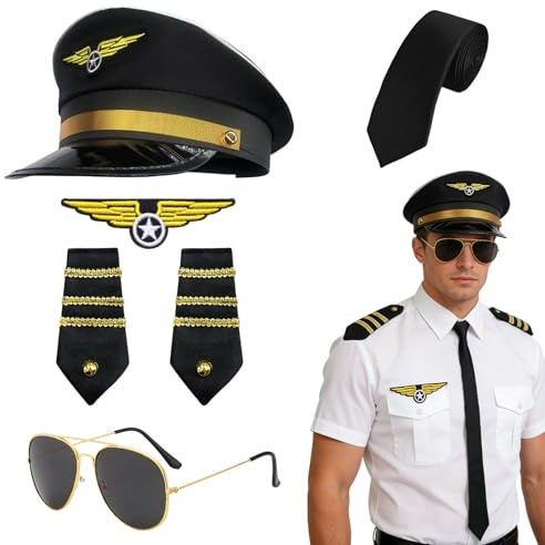 FUIPVGI Lot de 6 accessoires de costume de capitaine de pilote de ligne pour Halloween, chapeau d'aviateur, brassard, badge, lunettes à cravate, pour cosplay, fête