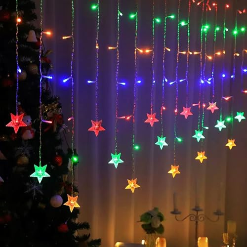 MUCHER Curtain Lights Indoor, 2m×0.7m 48LED Tangle-Free Star Curtain Fairy Light with Remote & Timer, USB Plug in 8 Modes Hanging Twinkle Star String Lights for Bedroom Christmas Wedding (Multicolor)