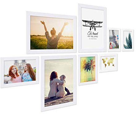 PHOTOLINI Bilderrahmen Set Weiß, Fotorahmen Holz MDF, 8er Bilderrahmenset Wand Collage, photo frames for wall mit Acrylglas aufhängen, weiße Bilderrahmen Set verschiedene Größen mit Zubehör