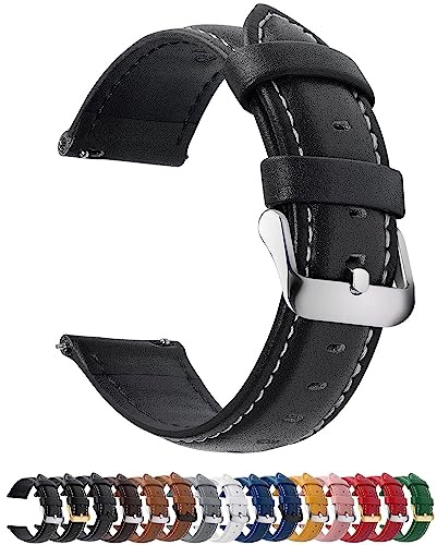 12 Farben Uhrenarmband 18mm Lederarmband für Smartwatch Universal-Uhr | Schnellverschluss Vintage Ersatzrmbänder mit Edelstahl Schließe,für Herren Damen,Schwarz+silber Schnalle
