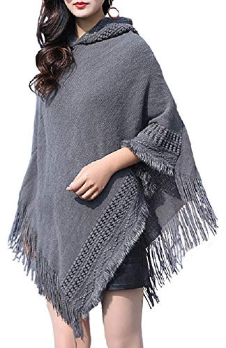 SULISHI Élégant Poncho à Capuche avec Franges, Cape Tricoté au Crochet - Femme 135-175cm