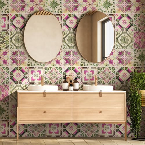 RE-COVERTILES - 12 Pcs Carrelage Autocollant 20x20 cm PS00061 Mosaïque de Azulejos Autocollant Mural Décorative à Carreaux de Ciment pour Salle de Bains et Cuisine Stickers Peel and Stick