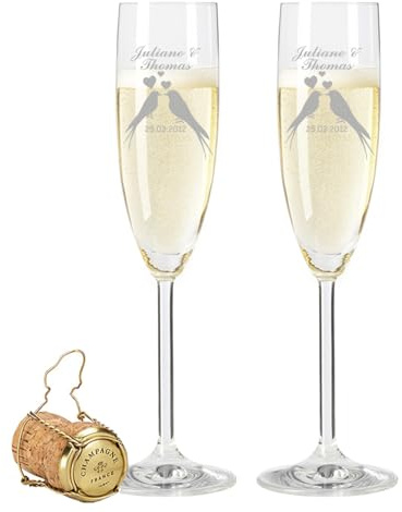 GRAVURZEILE Leonardo Sektgläser - Wedding Bird Design - graviert mit Wunschnamen & Datum - Geschenk zur Hochzeit, Verlobung & Jahrestag - Originelles Geburtstagsgeschenk