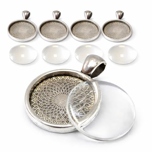 Perlin Cabochon Anhänger Set 20 mm Silber 6 Stück Metall Fassungen mit Glas Cabochons Schmuck Basteln DIY Kettenanhänger Rohlinge Medaillon Rund