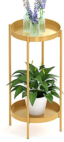 OVICAR Support pour plantes d'intérieur et d'extérieur – Support de pot de fleurs en métal à 2 niveaux pour la maison, le jardin, la terrasse, la salle de bain, le bureau, le salon, le balcon (doré)