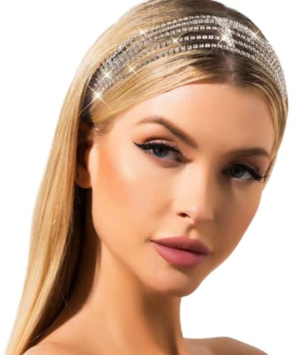 Jeairts Rhinestone Head Chain Forehead Bridal Headband Elastic Crystal Hair Band Halloween Prom Hair Jewelry for Women (1-Silver)