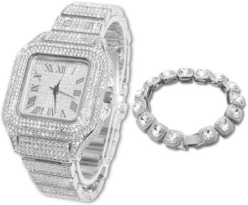 Halukakah Diamant Golduhr für Männer,18k Echtgold/Platin Weißgold Plattiert Quarz Armband 24cm Quadratisch Zifferblatt,mit Diamant-Cluster Tennis-Ketten Halskette Armband-Set Optionen,mit Geschenkbox