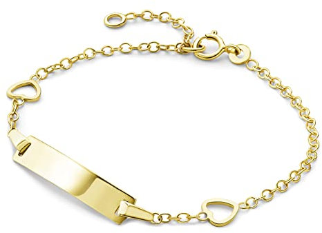 MIORE Kids Plack Namn Barnarmband med 2 hjärtan i 375 gult guld, längd 14 cm (12 cm + 2 cm förlängning), 14 cm, Guld