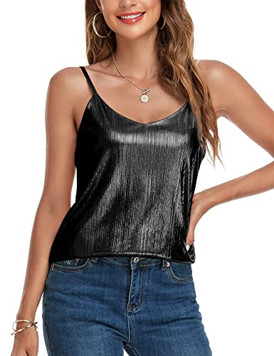 VIDUSSA Damen Funkelnde Tops Ärmellose Camisole Tank Tops Pailletten V-Ausschnitt Oberteile Shirt Blusen Schwarz M