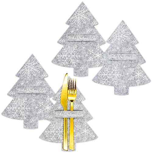 Papierdrachen Besteckhalter Weihnachten 2025 - Filz - Grau - Tannenbaum - 4 Stück - hochwertiger Druck - Frohe Weihnachten - edle & festliche Tischdeko