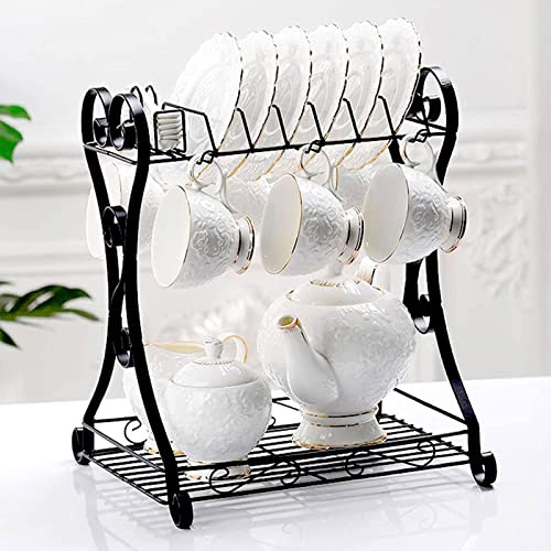 SFDPDM Servizio da tè per Adulti, Set da tè in Porcellana da 15 Pezzi Servizio Tazze caffè e Piattino con Teiera, Zuccheriera, Brocca per Panna e Supporto in Metallo