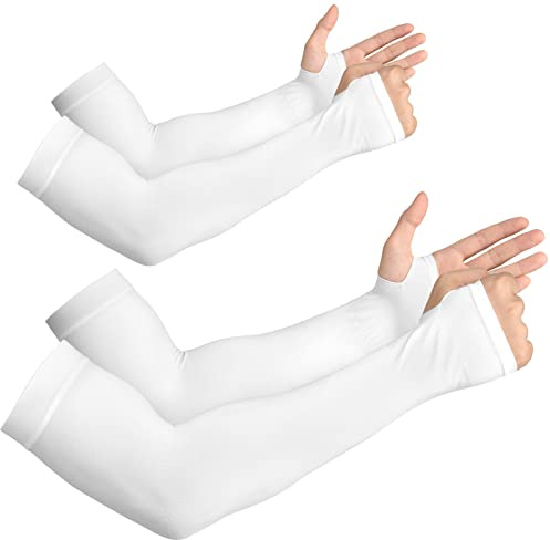 YESLIFE 2 Pairs White UV Sun Protection Arm Sleeves for Men & Women - Tattoo Cover Up - UPF 50 Cooling Sports Sleeve for Basketball Golf Running